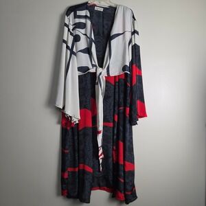 Kantha Bae Free Size Duster Kimono Maxi Tie Front Black Red White Abstract Print